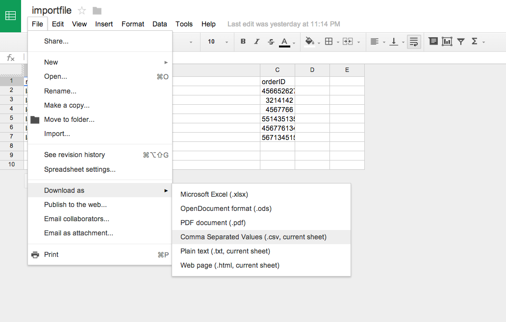 Google sheets navigation to Comma Separated Values