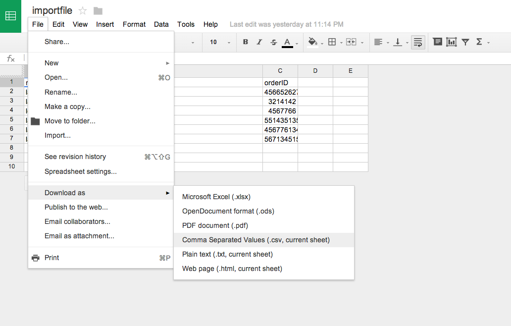 create a csv file in gogle docs