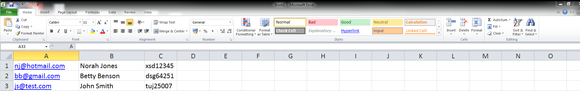 Esempio di foglio di calcolo di Microsoft Excel