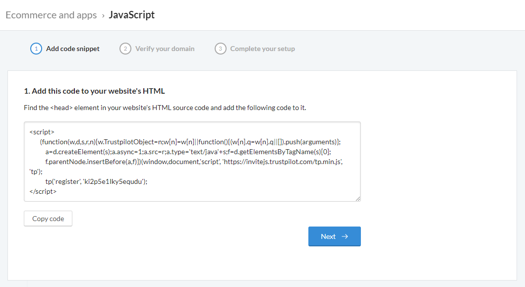 Screenshot af en kode til JavaScript-integrationen på en virksomhedskonto på Trustpilot